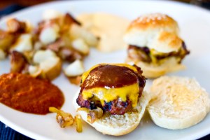 Sliders, homemade chipotle mayo, shakey taters and caramelized onions