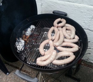 The setup for smoked brats. A great place to start when you're getting into BBQ style grilling.